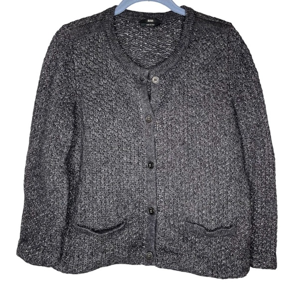 Hugo boss wool metallic cardigan sweater gray button front long sleeve